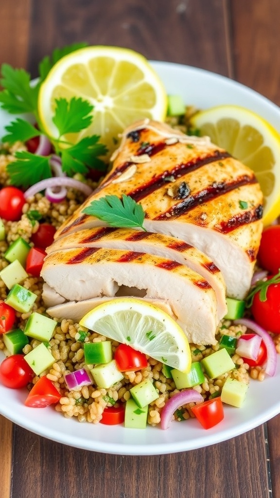 Grilled lemon herb chicken with quinoa salad on a plate, garnished with parsley and lemon.